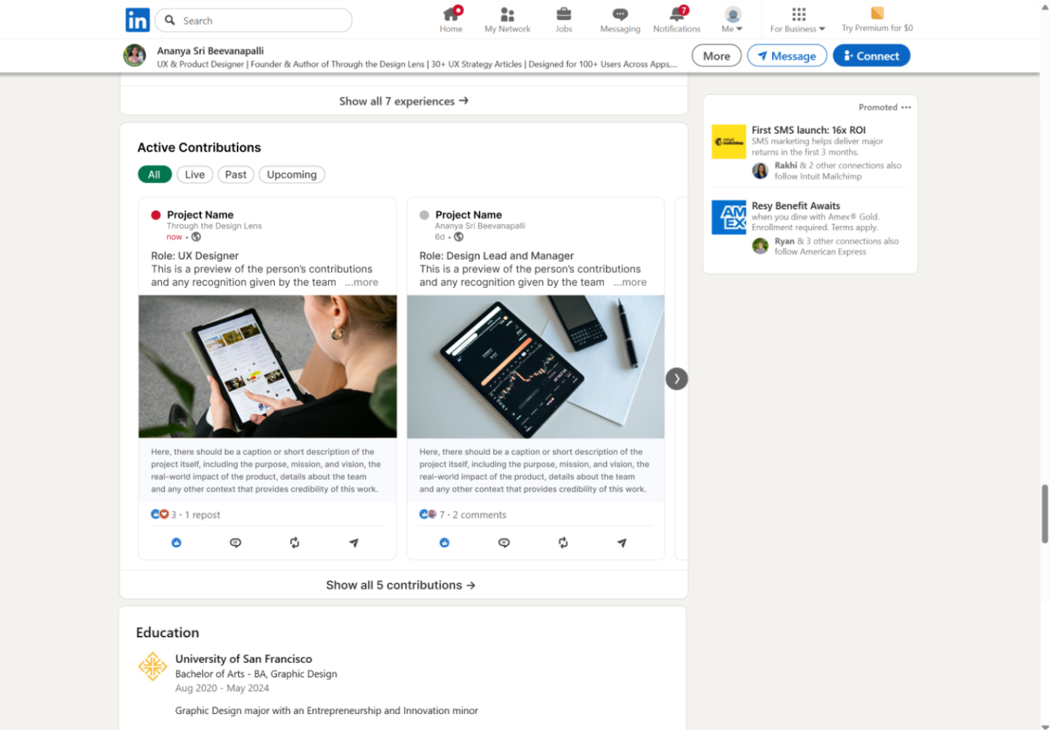 LinkedIn profile UI redesign in Figma with the Active Contributions section