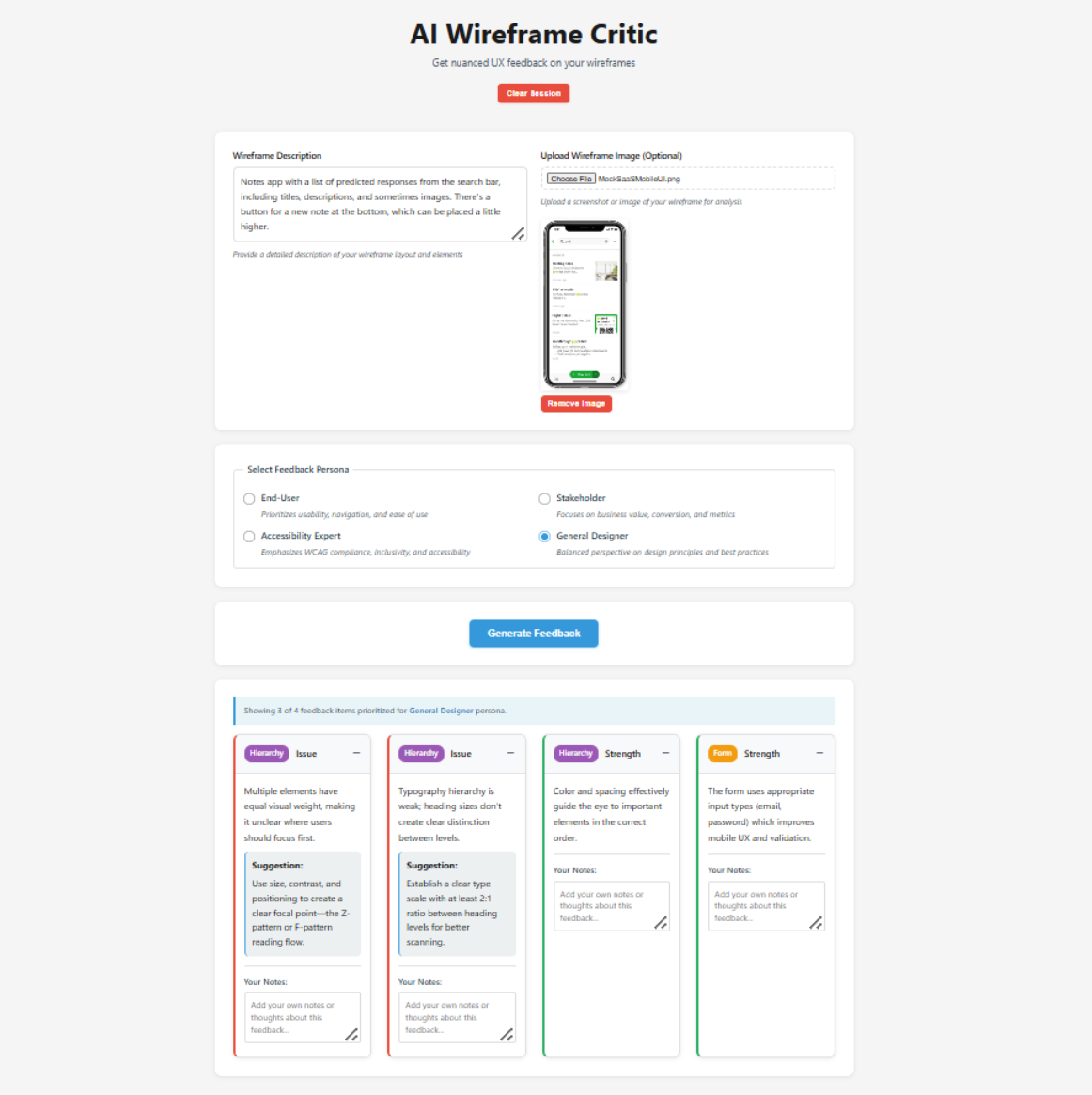 Final UI of the Wireframe Critic